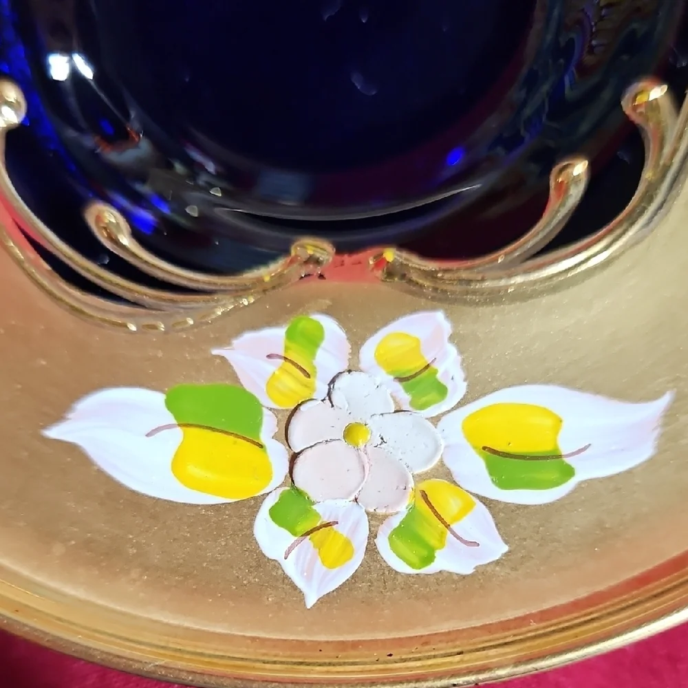Vintage Venetian Art Glass High Enamel Cobalt Blue Gold Tea Cup Saucer Set of 2
